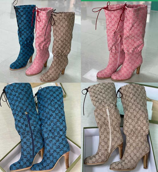 Designer Boot Donna Stivali Moda Combat Boot Tacco a spillo Stivaletto Tela Cerniera Cinghie regolabili 2022 Scarpe casual Al ginocchio Con scatola NO335