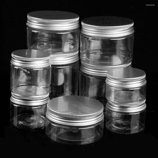 Garrafas de armazenamento 1pc Caixa de maquiagem Jar Plástico Cosmético Recipiente transparente Tampa de alumínio Garrafa de viagem pequena 30/40/50/60/80/100/120/150/200ml