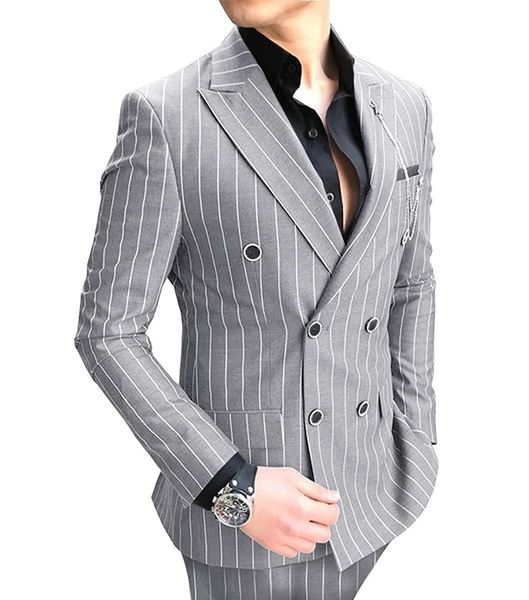 Herrenanzüge Blazer Silber gestreifter Anzug 2-teilig Zweireihiger Reverskragen Flach Slim Fit Lässige Smokings für Hochzeit Blazer Hosen 221202