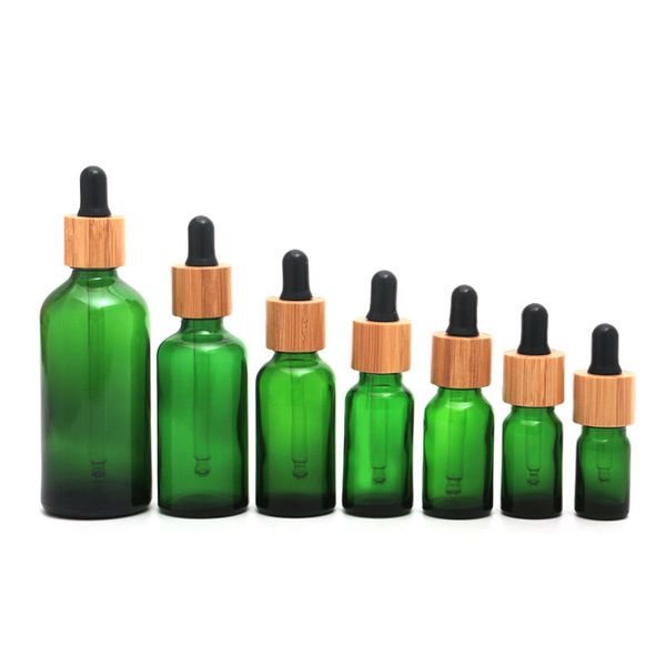 Garrafa de gotas de gotas de vidro verde fosco 5ml 10ml 15ml 20lm 30ml 50ml 100ml com tampa de bambu Tampa 1oz de madeira garrafas de óleo essencial