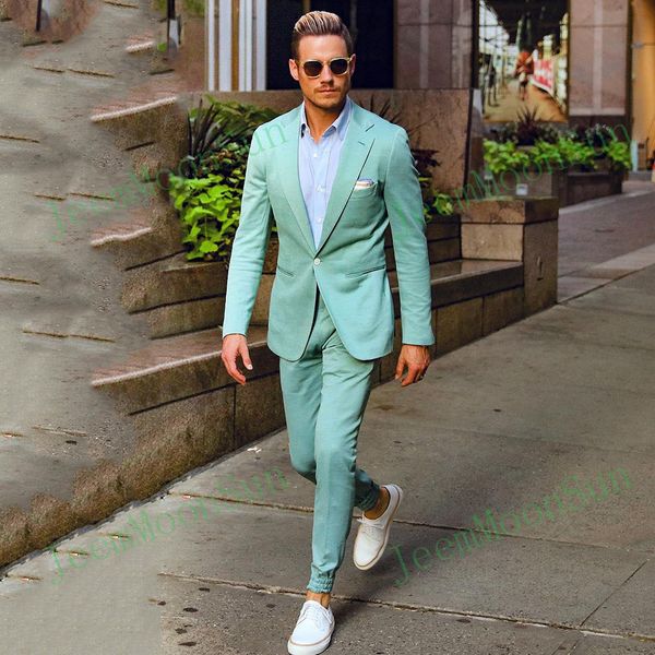 Abiti da uomo Blazer Verde menta Uomo Un bottone con risvolto Risvolto da sposa per uomo Smoking dello sposo Due pezzi Pantaloni Costume Homme 221202