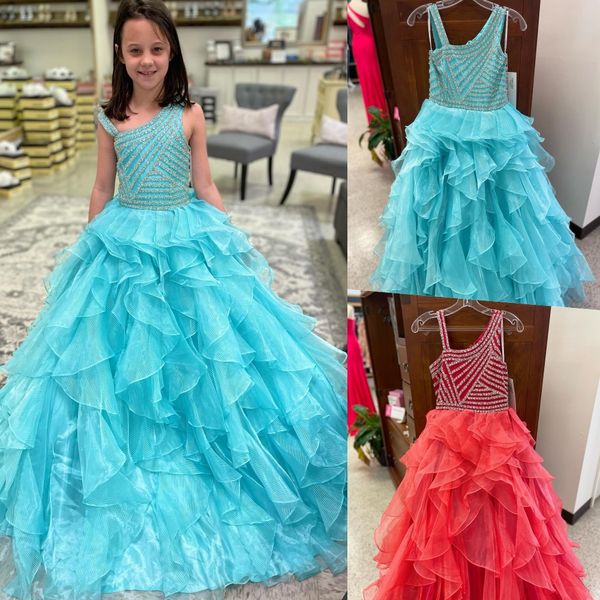 Vestido de concurso de menina de coral 2023 babados com miçangas orgânguas pequenas garotas de aniversário do evento formal festeira de festa infantil adolescentes adolescentes pré -adolescentes jovens jovens juniores rachel