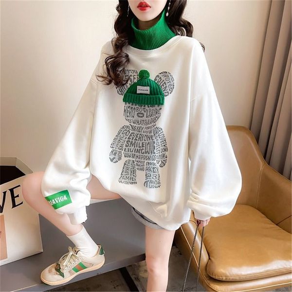 Jackets femininos White Ulzzang Hoodie Autumn Oversize Harajuku Turtleneck Tops Teens Vintage High Street Ins roupas Cool Gothic Bear Femme 221201