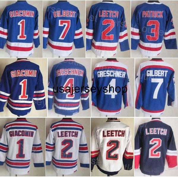 Мужчины CCM Hockey Retro 2 Brian Leetch Jersey Vintage Classic 1 Eddie Giacomin 3 Джеймс Патрик 4 Рон Грешнер 7 Род Гилберт 1991-92 75-й