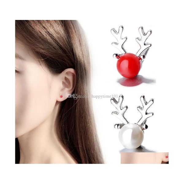 Ohrstecker Eleganter Weihnachts-Rentier-Ohrstecker-Ohrring für Frauen Mode 925 Silber Weihnachtsperlen-Hirsch-Ohrringe Statement-Schmuck Drop-Lieferung DHNME