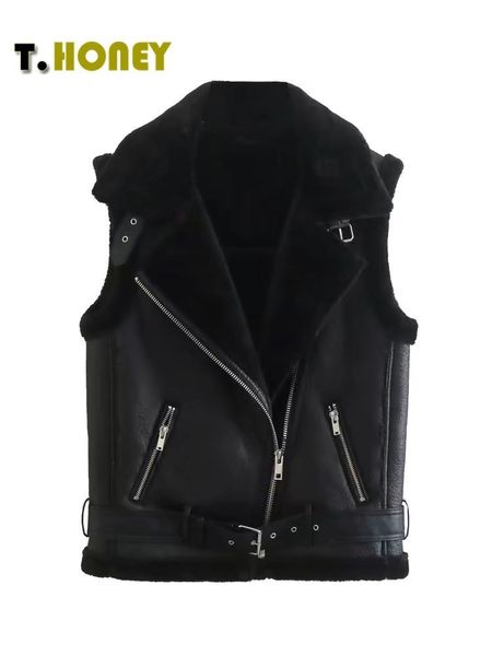 Gilet da donna TELLHONEY Moda donna Colletto con risvolto solido Cerniera frontale Cintura Gilet in pelle Gilet reversibile senza maniche femminile Capispalla 221202