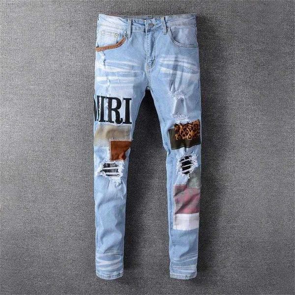 Jeans masculino Moda Rapped Men Blue Men Slim Fit Designer lavado calças jeans Hip Hop DJ Party Punk Rock Pantsp0a8