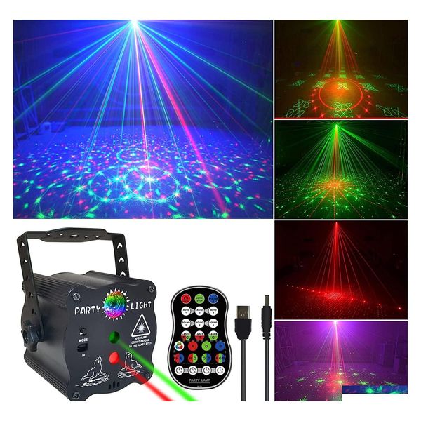 Illuminazione laser Palcoscenico per feste Illuminazione laser Carica USB Strobe Dj Luce da discoteca Suono attivato Telecomando Lampada del proiettore per la casa Bi Otupx