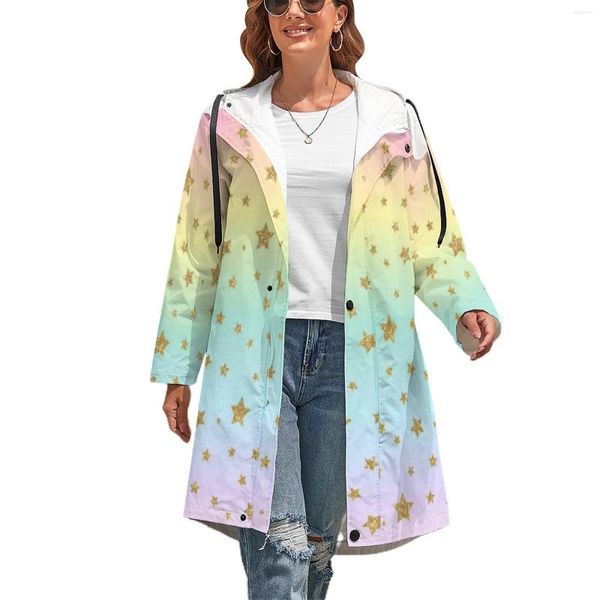 Trench da donna Stampa stelle dorate Elegante cappotto casual autunnale da donna Giacca a vento classica antivento Abbigliamento oversize grafico