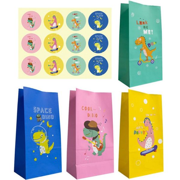 Confezione regalo 24 set Sacchetti per imballaggio di dinosauri carini Borsa per feste di compleanno per bambini Scatole di bomboniere di carta con adesivo Dino Decor 221202