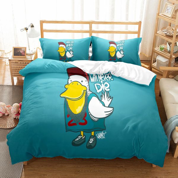 Set di biancheria da letto per bambini Cartoon Duck King Queen Copripiumino Kawaii Giallo Set di animali Bella fauna selvatica Trapunta in poliestere Trapunta 221206