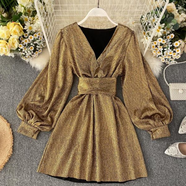 Casual Kleider 2022 Mode Goldene Glitter Kleid Frauen Laterne Langarm Herbst Party V-ausschnitt Spitze-up Elegnat Damen Weihnachten