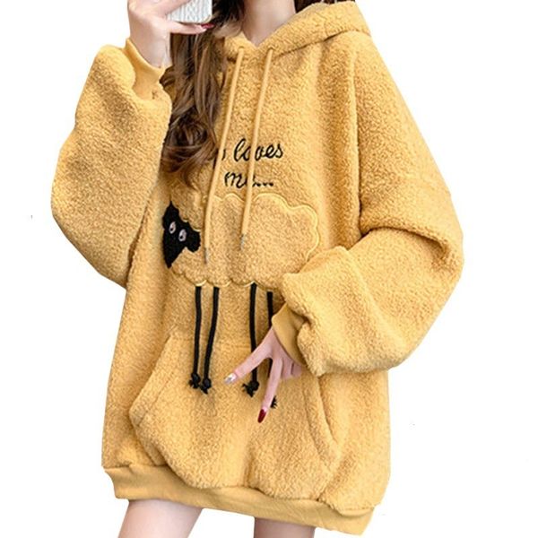 Kadın Hoodies Sweatshirtler Kış kalın kuzu yünü rahat kadın hoodie sarı gevşek bayan sweatshirt karikatür sevimli küçük koyun kazak kadın 221202