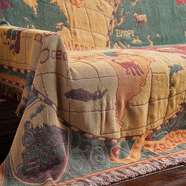 Coperta Mappa del mondo Cotone Plaid bohémien Divano multifunzione Copri pianoforte decorativo Arazzo Cobertor Nappa 221203