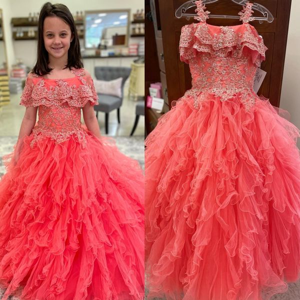 Coral Girl Pageant Dress 2023 Ruffles Tiered Tulle Ballgown Little Kid Compleanno Evento formale Abito da festa Infant Toddler Teens Preteen Tiny Young Junior Miss Rachel