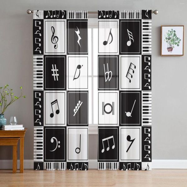 Cortina Musp Piano Keys Black White Tulle Sheer Cretans de janela para sala de estar O quarto Voile Organza Drapes decorativas