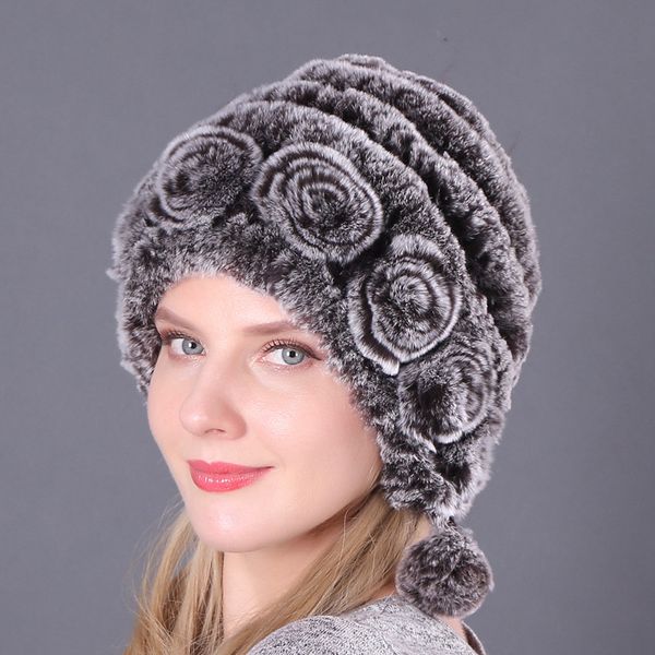 Женская меховая шляпа для зимней натуральной REX кроличья шапка русские женские меховые головные уходы на открытом воздухе теплые цветы