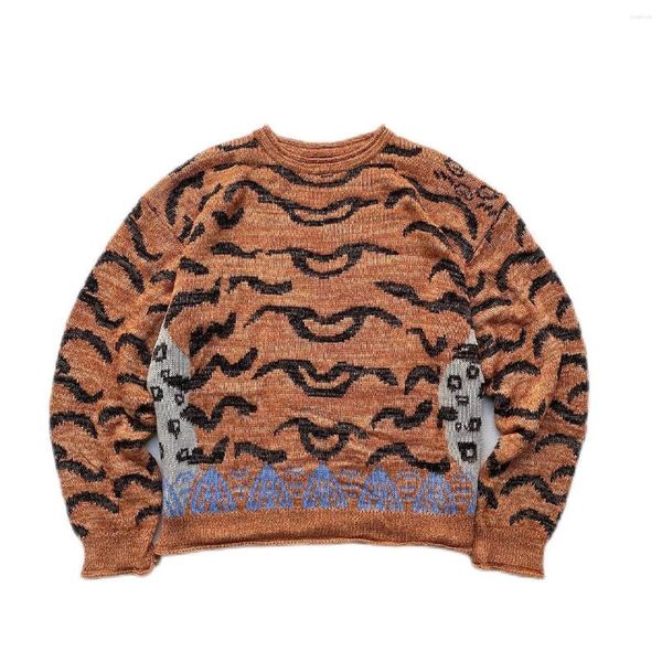 Мужские свитера Kapital Hirata Hohiro Vintage Leopard Tiger Print Printing Sweater Мужчины Женщины с круглой шеей оранжевой вязание my666