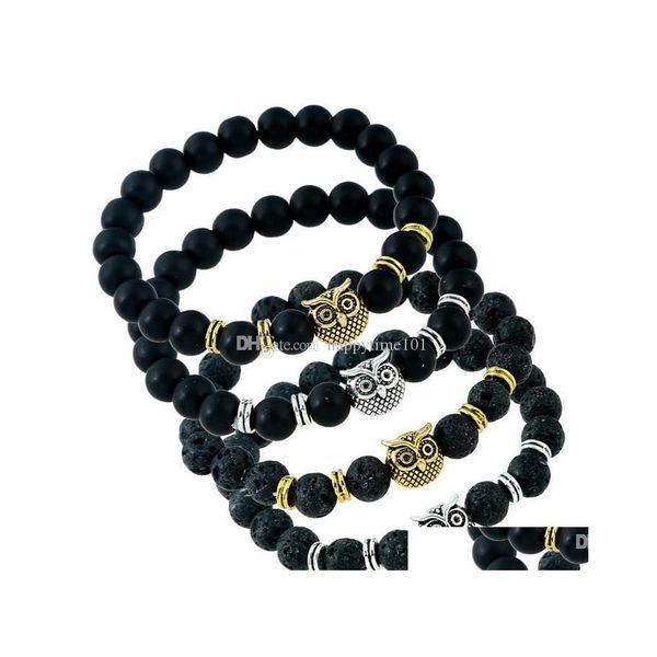 Charm-Armbänder, handgefertigtes Lavarock-Perlenarmband, Eulen-Charm, natürliche schwarze Lavastein-Armbänder, Aromatherapie, ätherisches Öl, Diffusor, Jude Dh6We