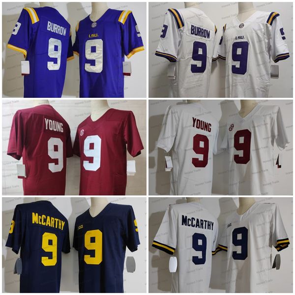 NOVITÀ Abbigliamento da football universitario americano NCAA Michigan Wolverines 9 Mccarthy Football Jersey Alabama Crimson Tide 9 Young Joe Burrow LSU Tigers Uomo bianco viola cucito