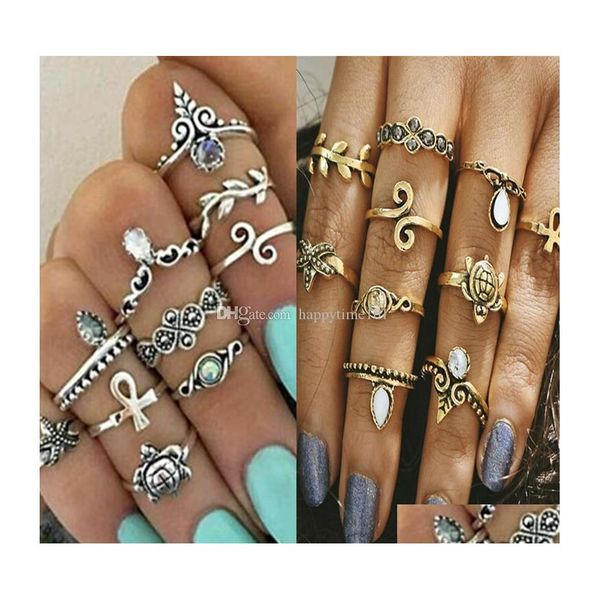 Полоса кольца 10 шт./Set Gold Color Flower Midi Rings Set для женщин Sier Boho Beach Vintage Turkish Sleephance Pinger Bingle Ring Jewelr DHVBD