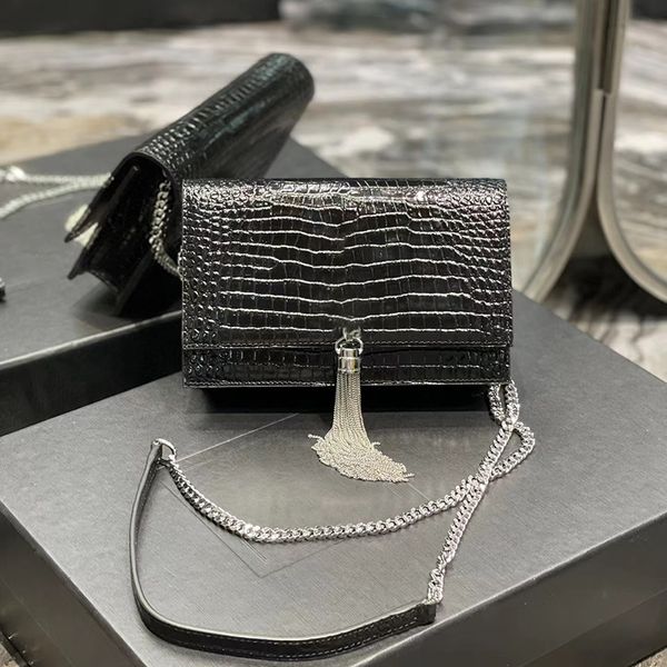 Bolsa de embreagem de bolsas de corrente de corrente Kate Bolsas de ombro de embreagem Tassel em couro genuíno brilhante, abastado em crocodilo, para mulheres