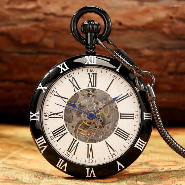 Relógios de bolso preto cobre de cobre automático relógio mecânico elegante numerais romanos azuis exibidos Open Face Automing Self Winding Relógio antigo