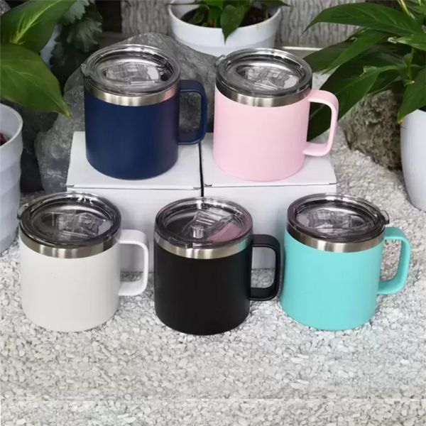 14 Unzen Kaffeetassen mit Griffdeckel Edelstahl doppelwandig pulverbeschichtete Tasse Vakuumisolierte Becher Campingbehälter Wasserflasche Großhandel SS1203