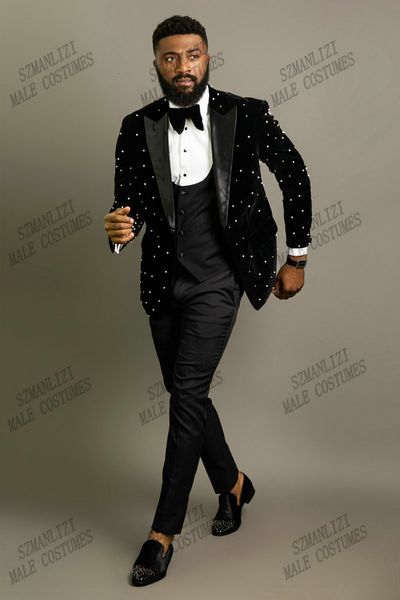 Erkekler Suits Blazers kristal boncuk siyah kadife erkek kostüm homme damat smokin düğün terno maskulino ince fit 3 adet parti blazer 221202