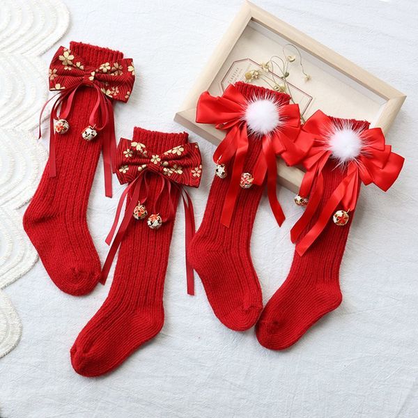 Leggings meias crianças bebês outono inverno garotas de Natal meias de arco de joelho de joelho ano vermelho ano de natal de natal