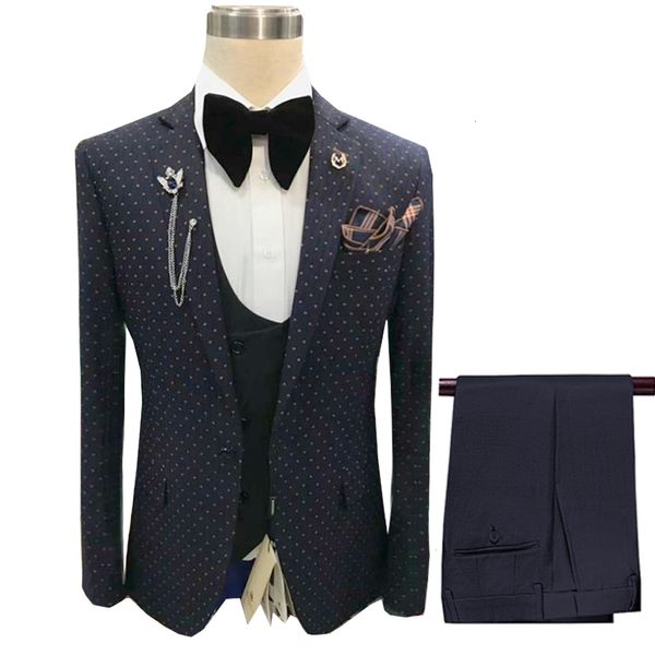 Ternos masculinos Blazers marinho dot 3 peças mais recentes smokings de lapela de lapela de luxo para festa de casamento calças de colete de blazer 221202