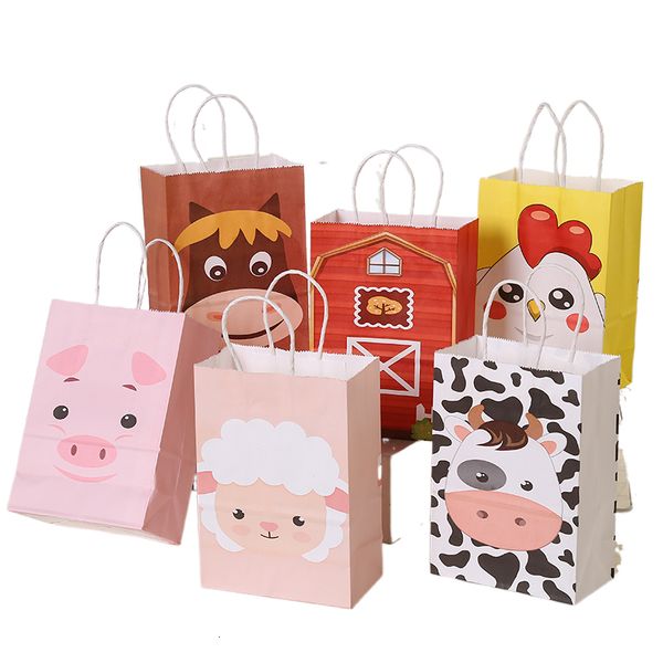 GRESTO GREST 6PCS/Set Cartoons Farm Animals Paper Gifts Bacs Pig Cow Sheep Party Decor Sweet Box Kids Birthday Baby Packing Bag TC103 221202