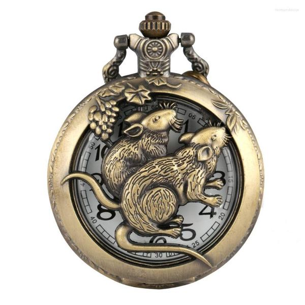 Orologi da tasca Orologio al quarzo con topo zodiaco cinese in bronzo, orologio da collezione antico con pendente a catena, metà vecchio stile