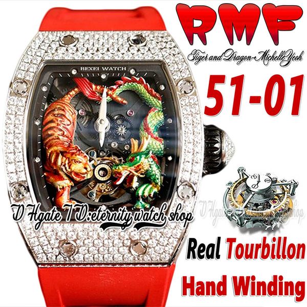 RMF YS51-01 Mens assistem real Tourbillon Winding 3D Dragon Tiger Totem Painted Diamonds Caso Red Rubber Strap 2022 Super Edition Sport Eternity Watches