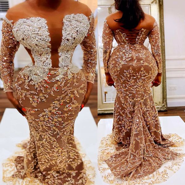 2023 Gold Meerjungfrau Ballkleider Tüll Spitze Applikation Pailletten Lange Ärmel Korsett Rücken Maßgeschneidertes Abendkleid Formelle Anlässe Tragen Vestidos Plus Size