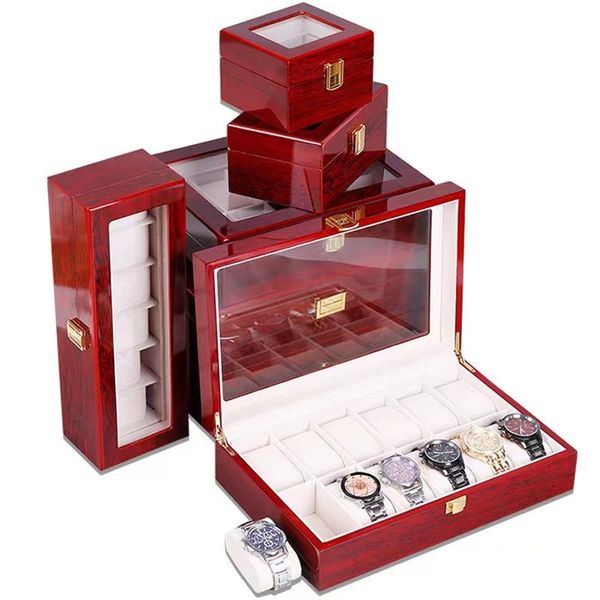 Scatole per orologi Custodie 23561012 Slot Box Organizer Piano con vernice da forno Custodia per gioielli in legno Men Glass Top es Display 221202