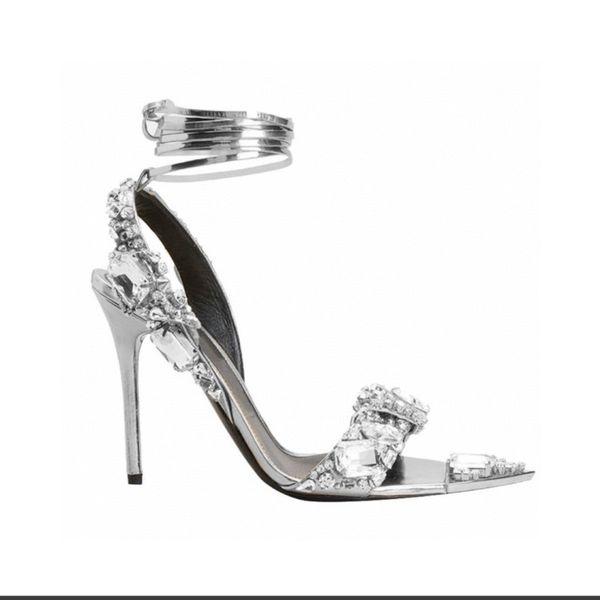 Top Tom Fords Schuhe Metallic Crystal Zekle-Tie Sandalen Heeled Stiletto Heels für Frauen Party Abend Open Toe Calf Mirror Leder Trainer 174