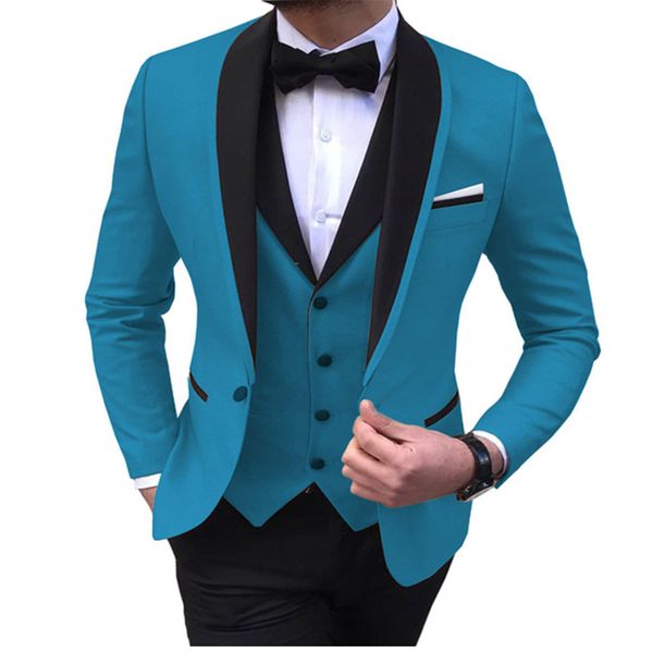 Herrenanzüge Blazer Blauer Schlitz Herren 3-teilig Schwarzer Schal Revers Casual Smoking für Hochzeit Trauzeugen Männer Blazer Weste Hose 221202