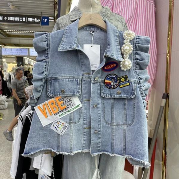 Damenwesten Coole Jeansweste Frauen ärmellose kurze Jacke Perlen Mode Rüschen gespleißte Jeans Mantel weibliche Freizeitjacken 221201