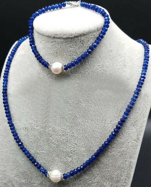 2x4mm facettiert blau Jade 9-10 mm weißer Perle Edelstein Perlen Halskettenarmband Set