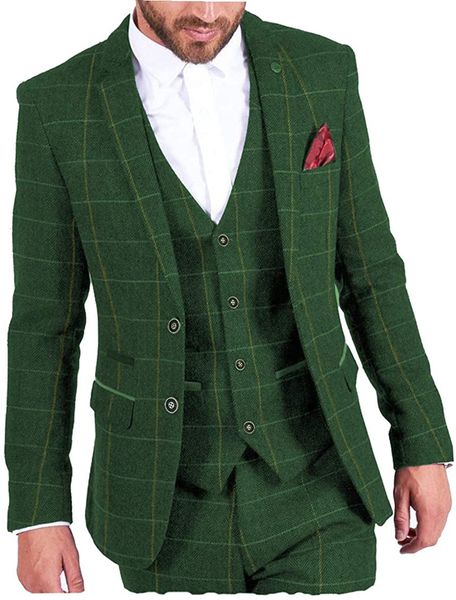 Abiti da uomo Blazer Regular Fit 3 pezzi Classico due bottoni Plaid di lana Tweed a spina di pesce Smoking da ballo per giacca da sposa Gilet Pantaloni 221202