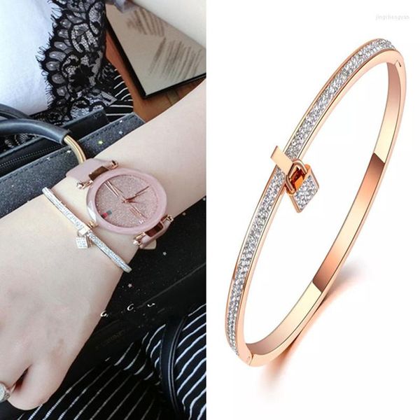 Bangle Crystals Full Lock Lover Bracelets para mulheres Aço inoxidável Zirconia Charm Jewelry Gift