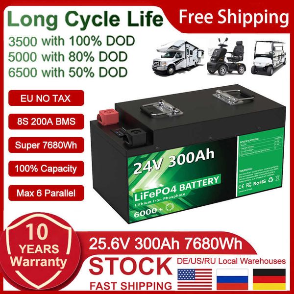 Batteria LiFePO4 24V 300Ah 200Ah 100Ah 6000 cicli 25.6V 7680Wh 8S 200A BMS RV Golf Cart Batteria al litio ricaricabile Nessuna imposta