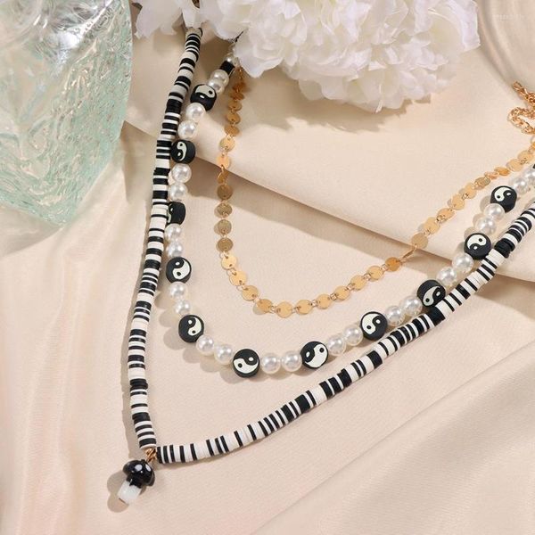 Ketten JUST FEEL Schwarz Weiß Yin Yang Tonperlen Perlenkette Für Frauen Mehrschichtiger Pilz Anhänger Metall Pailletten Schmuck
