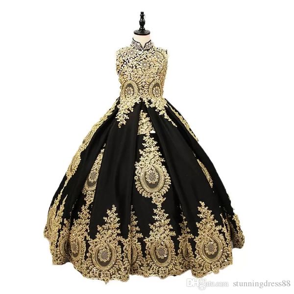 Vintage Siyah ve Altın Kızlar Pageant Elbiseleri Balo Elbise Yüksek Boyun Anahtar Deliği Arka Dantel Aplike Kristal Korse Arka Çocuk Doğum Günü Çocuklar