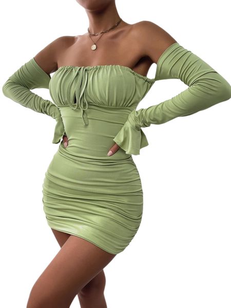 Женские платья для вечеринок сексуально от плеча рюша Bodycon Мини -платье Flound с длинным рукавом передние короткие карандашные платья