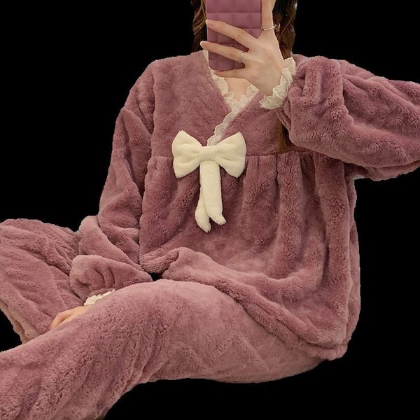 Домашняя одежда Зимняя фланелевая полоска пижама для девочек vneck корейская версия повседневная милая и милая коралловая флисовая 2 -искрывая набор теплой одежды 221202