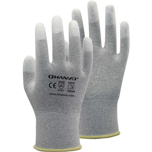 Антистатические перчатки 13 -контактные углеродные шелковые пальцы, погруженные в PU PM309 Рабочие перчатки