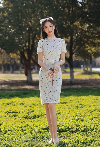 Этническая одежда винтажная кружевная отделка мандаринская воротник шифон Qipao с коротким рукавом ручной ручной работы Cheongsam китайский свадебное платье китайское женское платье