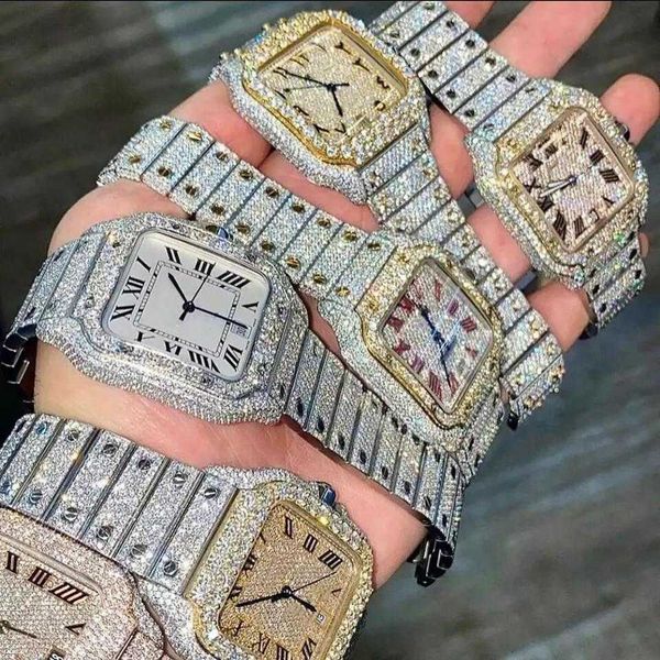 Наручительные часы квадратный корпус Men Luxury Out Watch Golden Color Diamond VVS VVS1 Автоматические механические часы8SRDB968